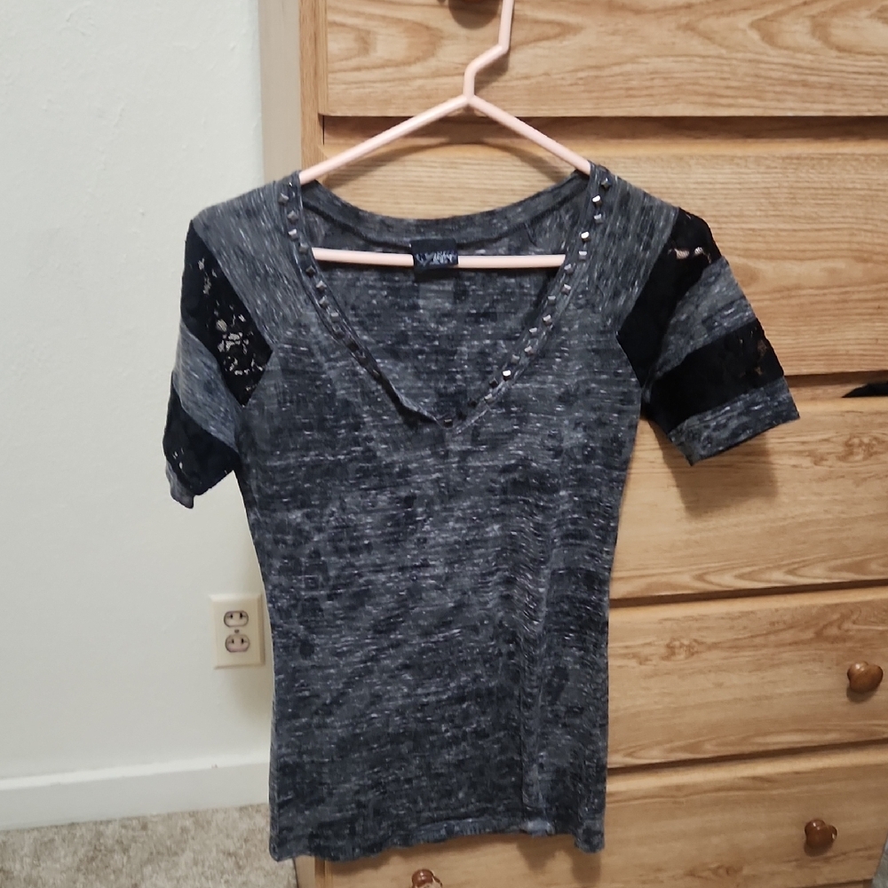 Vanity Charcoal and Black Lace Short Sleeve Top